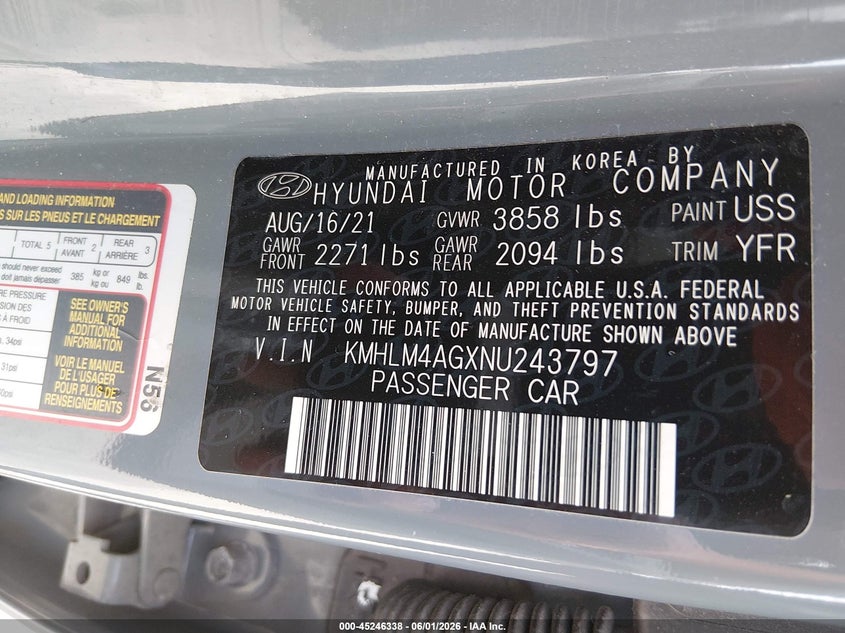 2022 Hyundai Elantra VIN KMHLM4AGXNU243797 IAAI salvage auction — FRONT END, Salvage (Illinois), sold $4,200 on 2026-07-28 (photo 9)