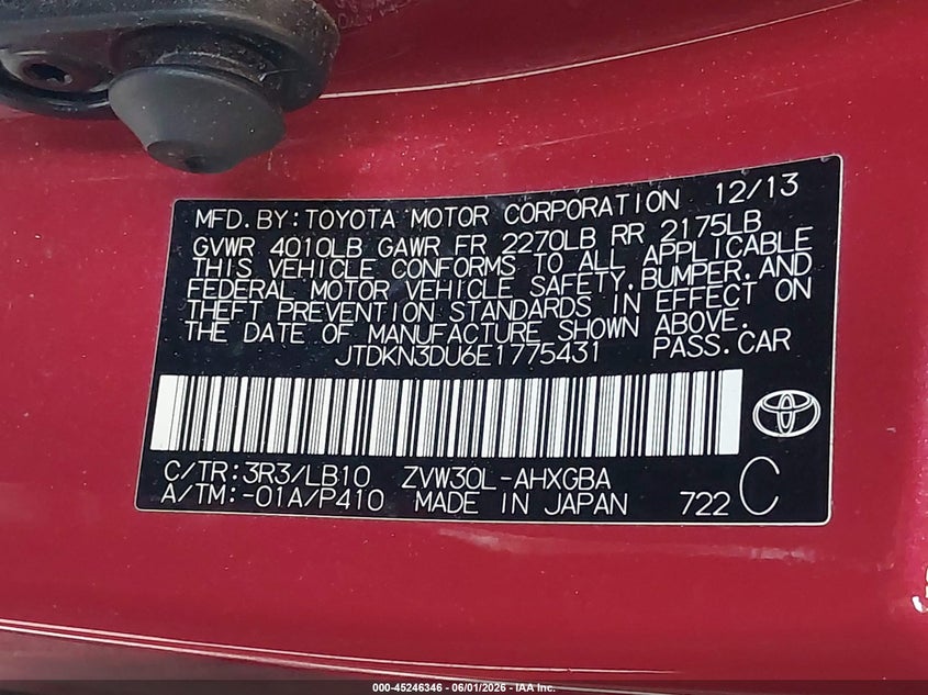 2014 Toyota Prius VIN JTDKN3DU6E1775431 IAAI salvage auction — LEFT FRONT, Salvage Title, sold $3,950 on 2026-07-29 (photo 9)