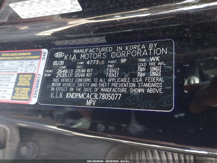2020 Kia Sportage VIN KNDPMCAC3L7805077 IAAI salvage auction — THEFT, Salvage Title, sold $3,925 on 2026-07-08 (photo 9)