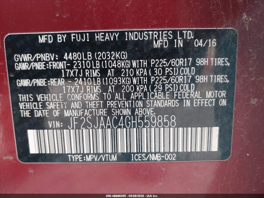 2016 Subaru Forester VIN JF2SJAAC4GH559858 IAAI salvage auction — FRONT END, Salvage Title, sold $800 on 2026-07-14 (photo 9)
