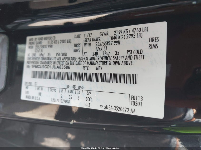 2018 Ford Escape VIN 1FMCU9GD1JUA83586 IAAI salvage auction — LEFT FRONT, Salvage Title, sold $1,750 on 2026-07-28 (photo 9)