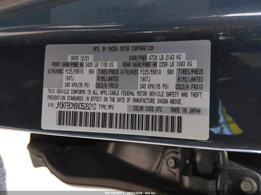 2022 Mazda Cx-5 VIN JM3KFBCM8N0528210 IAAI salvage auction — REAR END, Salvage Title, sold $6,000 on 2026-07-14 (photo 9)