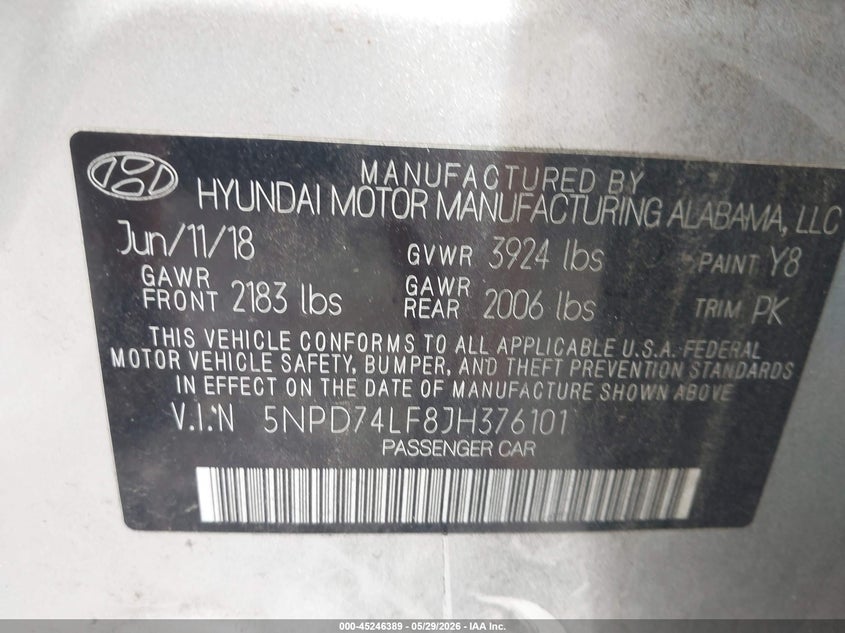2018 Hyundai Elantra VIN 5NPD74LF8JH376101 IAAI salvage auction — FRONT END, Salvage Title, sold $25 on 2026-07-31 (photo 9)