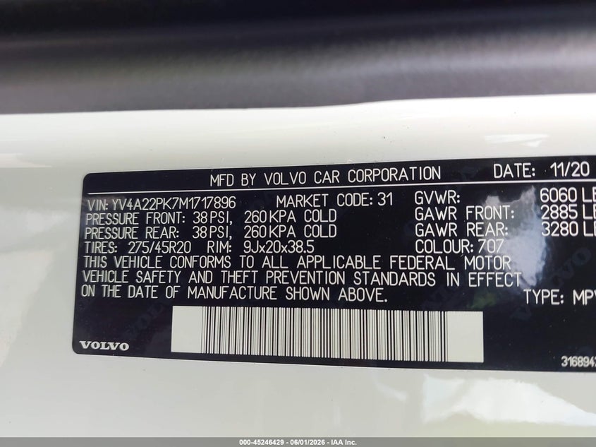 2021 Volvo Xc90 VIN YV4A22PK7M1717896 IAAI salvage auction — UNKNOWN, Salvage Title, sold $12,600 on 2026-07-28 (photo 9)