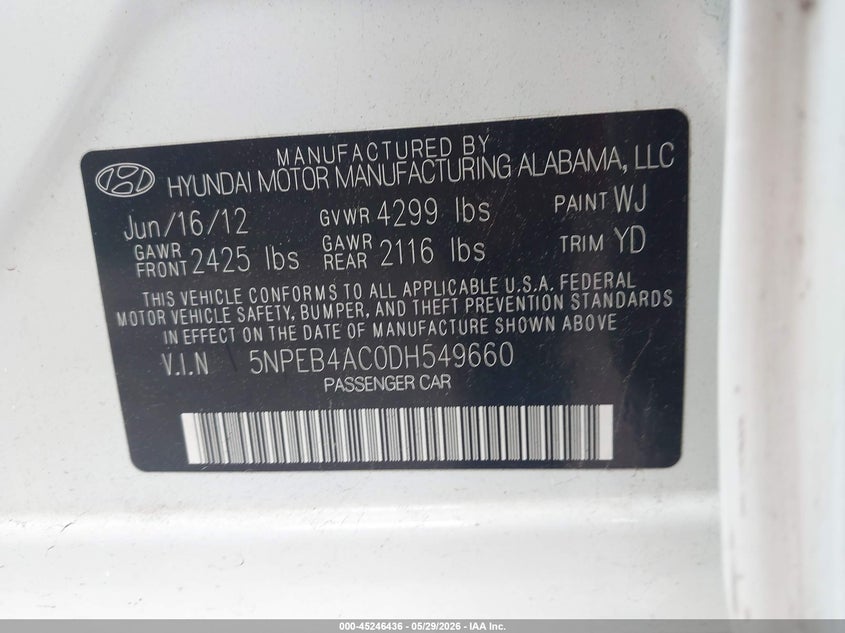2013 Hyundai Sonata VIN 5NPEB4AC0DH549660 IAAI salvage auction — RIGHT FRONT, Salvage Title, sold $1,100 on 2026-07-30 (photo 9)