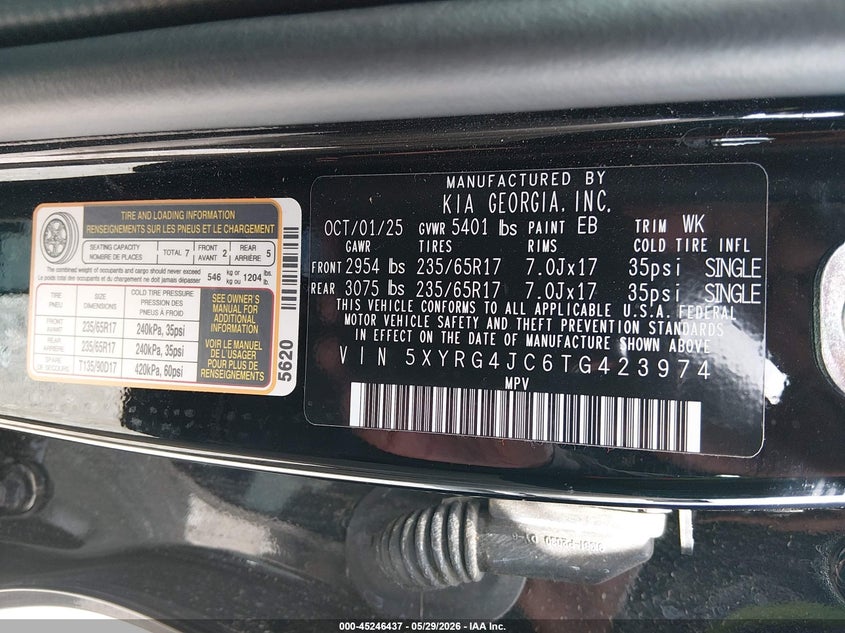 2026 Kia Sorento VIN 5XYRG4JC6TG423974 IAAI salvage auction — FRONT END, Salvage Title, sold $11,475 on 2026-07-29 (photo 9)