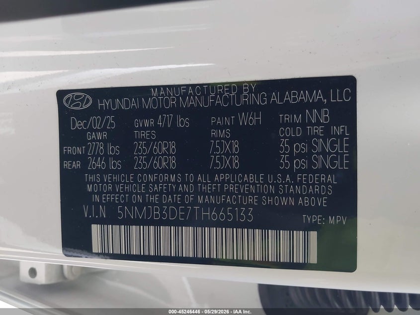 2026 Hyundai Tucson VIN 5NMJB3DE7TH665133 IAAI salvage auction — REAR END, Enterprise Vehicles Clear Only (Texas), sold $17,400 on 2026-07-29 (photo 9)