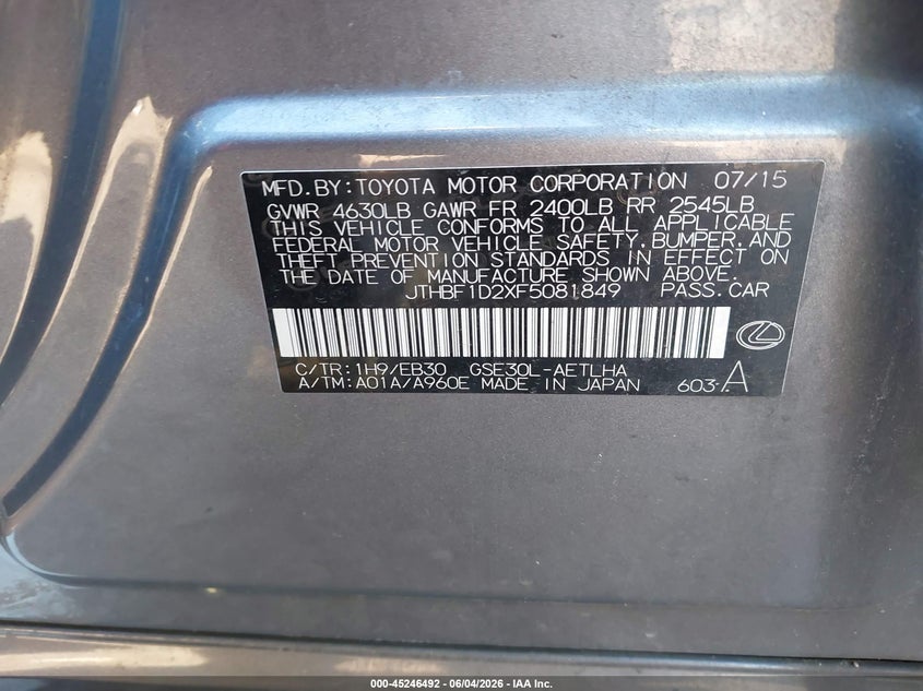 2015 Lexus Is VIN JTHBF1D2XF5081849 IAAI salvage auction — FRONT END, Salvage Title, sold $2,200 on 2026-08-01 (photo 9)