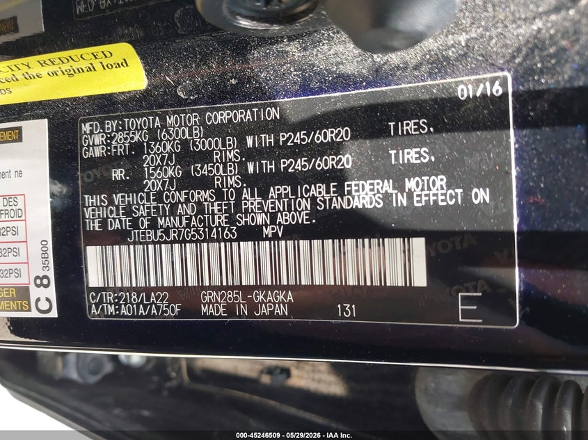 2016 Toyota 4runner VIN JTEBU5JR7G5314163 IAAI salvage auction — RIGHT FRONT, Original (Texas), sold $14,800 on 2026-07-08 (photo 9)