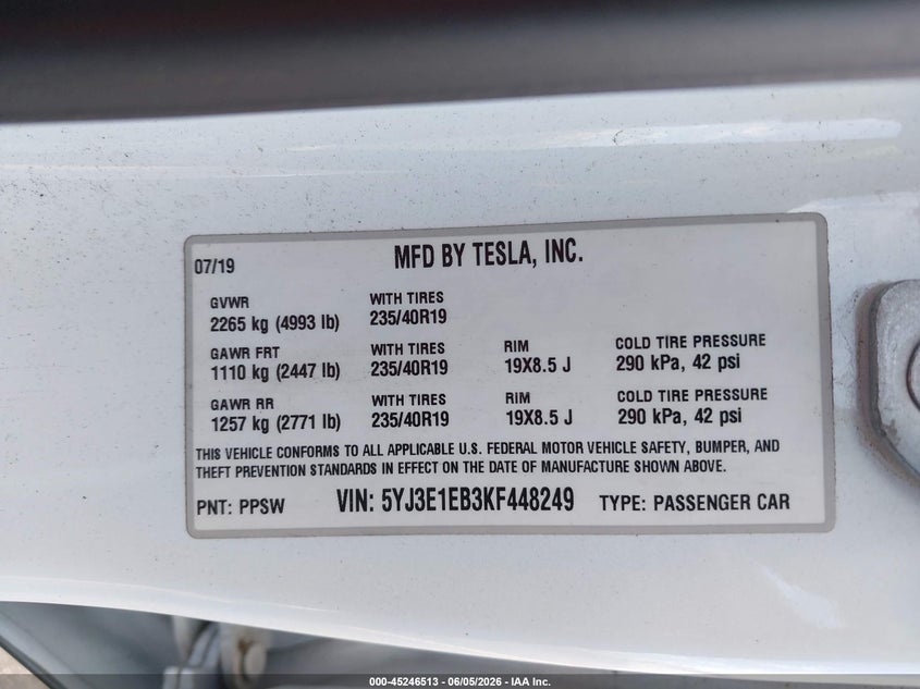 2019 Tesla Model 3 VIN 5YJ3E1EB3KF448249 IAAI salvage auction — SIDE, Salvage Title, sold $6,600 on 2026-07-16 (photo 9)