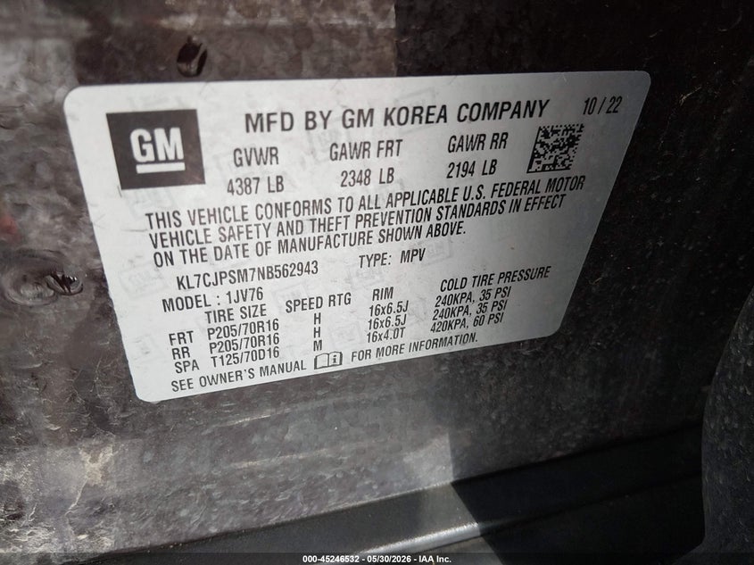 2022 Chevrolet Trax VIN KL7CJPSM7NB562943 IAAI salvage auction — HAIL, Salvage Title, sold $1,800 on 2026-07-24 (photo 9)