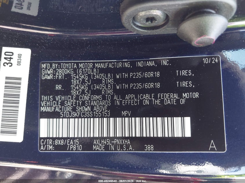 2025 Toyota Sienna VIN 5TDJSKFC3SS155153 IAAI salvage auction — RIGHT SIDE, Salvage Title, sold $19,200 on 2026-07-23 (photo 9)