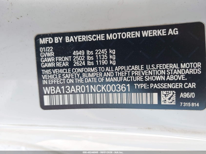 2022 BMW VIN WBA13AR01NCK00361 IAAI salvage auction — HAIL, Salvage Title, sold $21,250 on 2026-08-04 (photo 9)