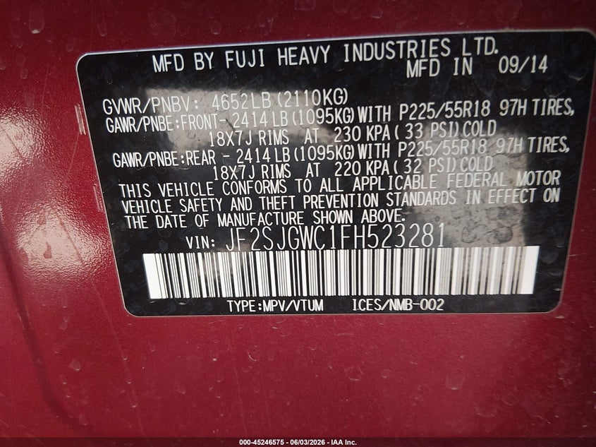 2015 Subaru Forester VIN JF2SJGWC1FH523281 IAAI salvage auction — RIGHT FRONT, Salvage (New Mexico), sold $1,400 on 2026-07-20 (photo 9)