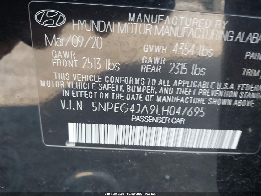 2020 Hyundai Sonata VIN 5NPEG4JA9LH047695 IAAI salvage auction — WATER/FLOOD, Salvage Title, sold $1,250 on 2026-07-24 (photo 9)