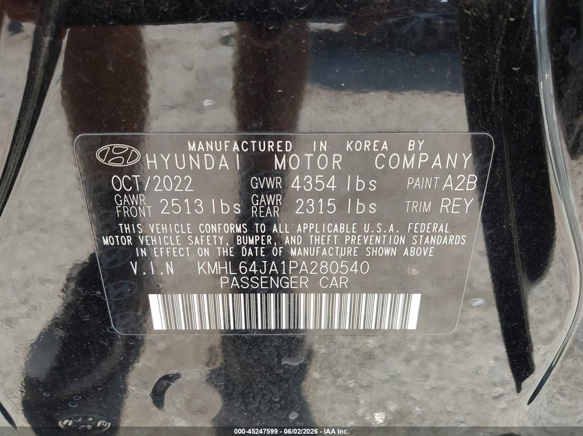 2023 Hyundai Sonata VIN KMHL64JA1PA280540 IAAI salvage auction — FRONT & REAR, Salvage Title, sold $3,650 on 2026-07-09 (photo 9)