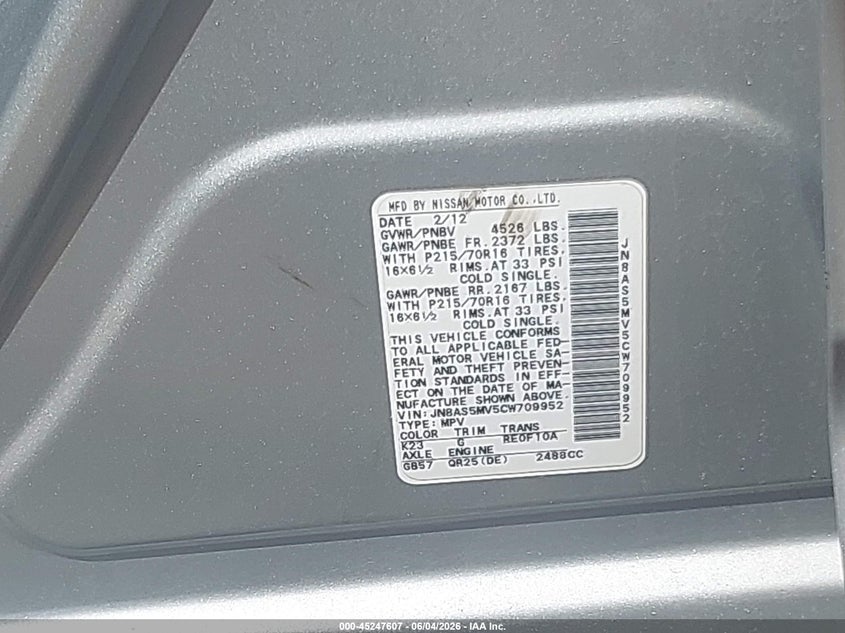2012 Nissan Rogue VIN JN8AS5MV5CW709952 IAAI salvage auction — REAR END, Salvage (Massachusetts), sold $950 on 2026-07-24 (photo 9)