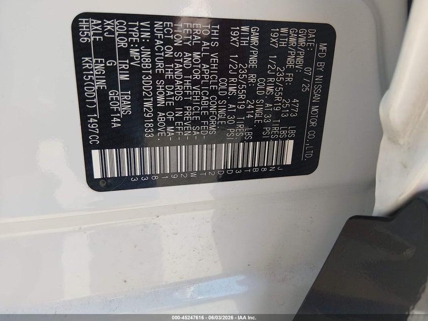 2026 Nissan Rogue VIN JN8BT3DD2TW291833 IAAI salvage auction — RIGHT REAR, Salvage Title, sold $13,200 on 2026-07-14 (photo 9)