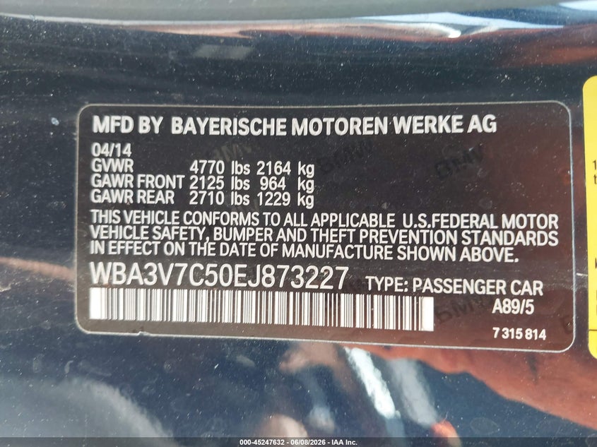 2014 BMW 4er VIN WBA3V7C50EJ873227 IAAI salvage auction — FRONT & REAR, Salvage Title, sold $2,550 on 2026-07-14 (photo 9)
