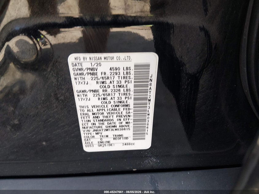 2020 Nissan Rogue VIN JN8AT2MT3LW038615 IAAI salvage auction — RIGHT SIDE, Salvage Title, sold $2,550 on 2026-07-15 (photo 9)