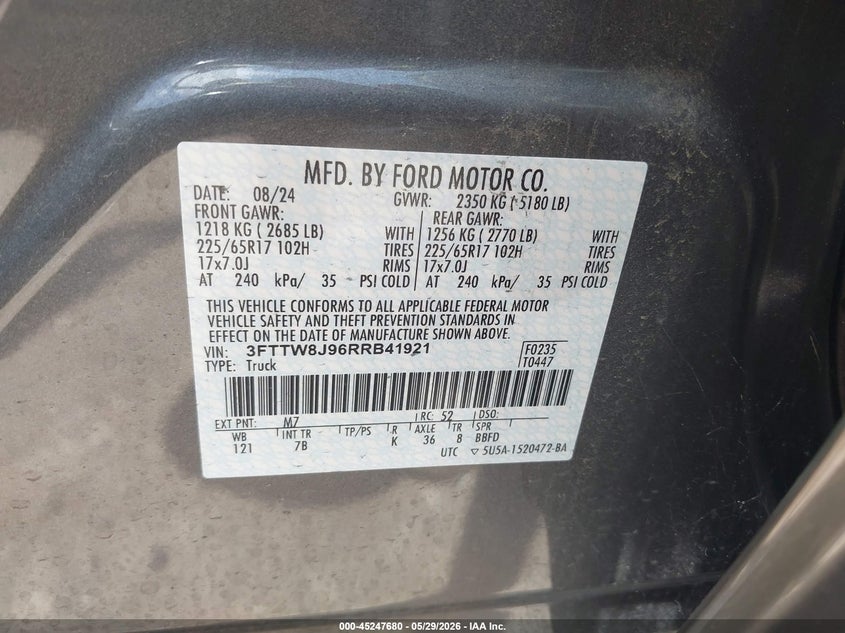 2024 Ford Maverick VIN 3FTTW8J96RRB41921 IAAI salvage auction — RIGHT SIDE, Original (Texas), sold $8,450 on 2026-07-30 (photo 9)