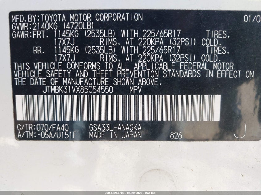 2008 Toyota Rav4 VIN JTMBK31VX85054550 IAAI salvage auction — NORMAL WEAR, Original (Ohio), sold $900 on 2026-07-08 (photo 9)