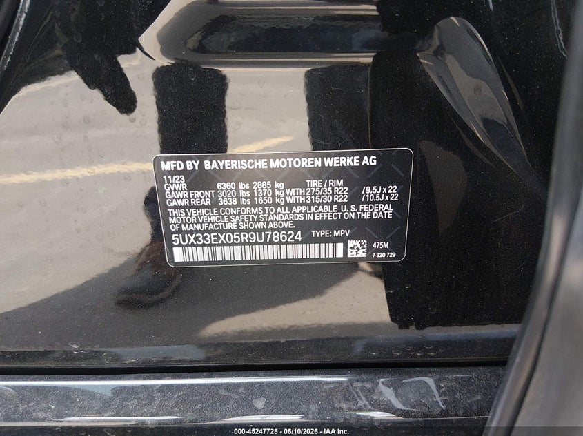 2024 BMW X6 VIN 5UX33EX05R9U78624 IAAI salvage auction — FRONT END, Salvage Title, sold $34,250 on 2026-07-31 (photo 9)