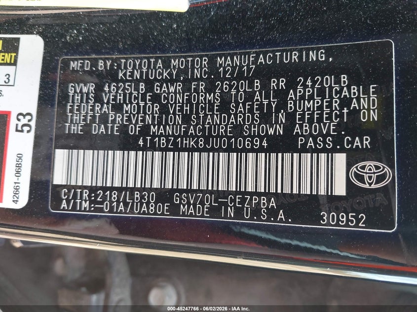 2018 Toyota Camry VIN 4T1BZ1HK8JU010694 IAAI salvage auction — HAIL, Salvage Title, sold $9,000 on 2026-08-03 (photo 9)