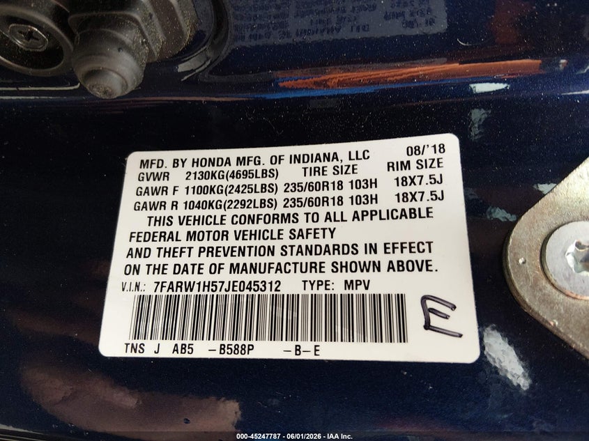 2018 Honda Cr-v VIN 7FARW1H57JE045312 IAAI salvage auction — RIGHT SIDE, Salvage (South Carolina), sold $5,600 on 2026-07-31 (photo 9)