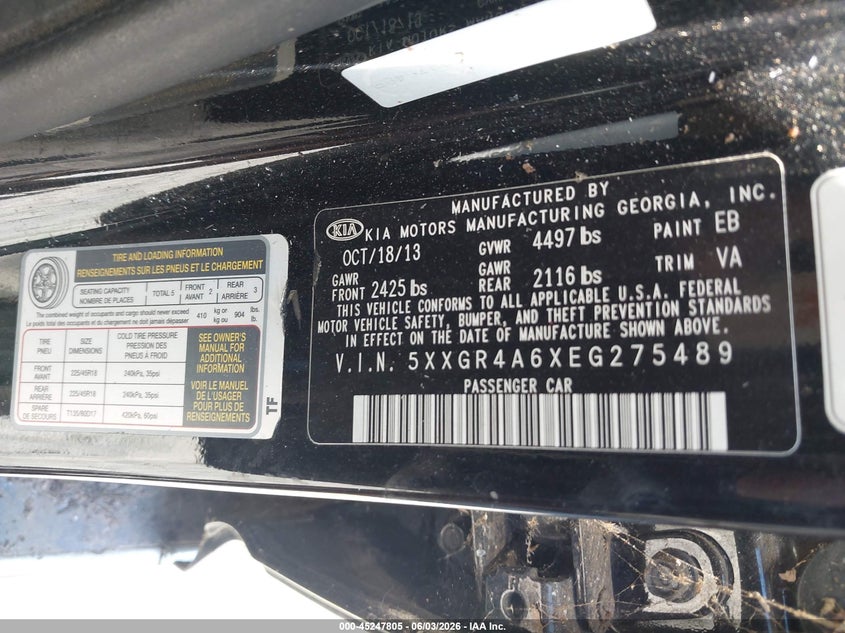2014 Kia Optima VIN 5XXGR4A6XEG275489 IAAI salvage auction — NORMAL WEAR, Clear (Georgia), sold $400 on 2026-07-07 (photo 9)