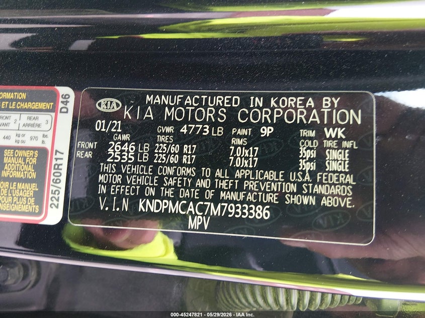 2021 Kia Sportage VIN KNDPMCAC7M7933386 IAAI salvage auction — THEFT, Salvage Title, sold $4,550 on 2026-09-03 (photo 9)
