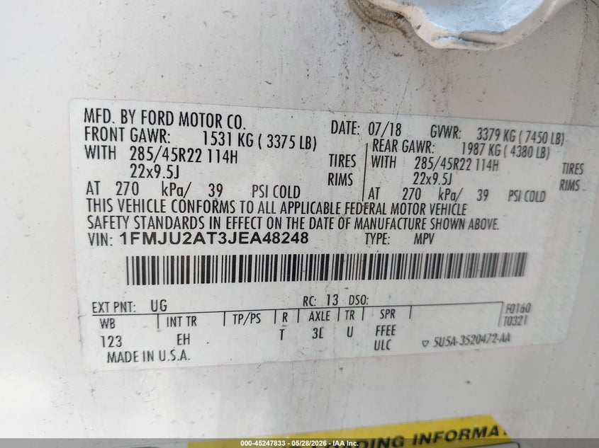 2018 Ford Expedition VIN 1FMJU2AT3JEA48248 IAAI salvage auction — NORMAL WEAR, Original (Ohio), sold $10,200 on 2026-07-04 (photo 9)