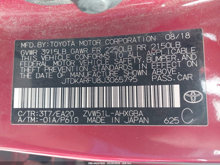 2018 Toyota Prius VIN JTDKARFU8J3065795 IAAI salvage auction — FRONT END, Salvage Title, sold $4,750 on 2026-07-22 (photo 9)