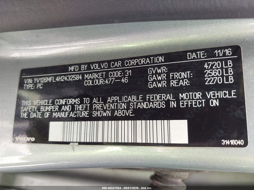 2017 Volvo S60 VIN YV126MFL4H2432584 IAAI salvage auction — FRONT END, Salvage Title, sold $200 on 2026-07-13 (photo 9)