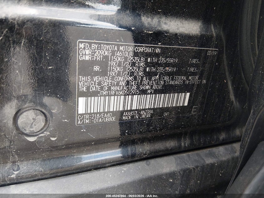 2019 Toyota Rav 4 VIN JTMY1RFV6KD512915 IAAI salvage auction — FRONT END, Salvage Title, sold $10,000 on 2026-07-22 (photo 9)