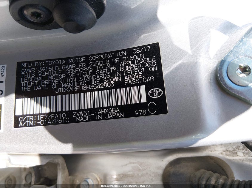 2017 Toyota Prius VIN JTDKARFU8H3542803 IAAI salvage auction — UNKNOWN, Salvage Title, sold $3,100 on 2026-08-01 (photo 9)