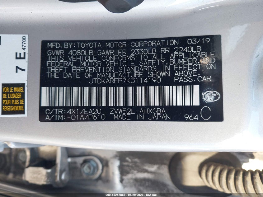 2019 Toyota Prius VIN JTDKARFP7K3114190 IAAI salvage auction — FRONT END, Salvage Title, sold $7,900 on 2026-07-16 (photo 9)