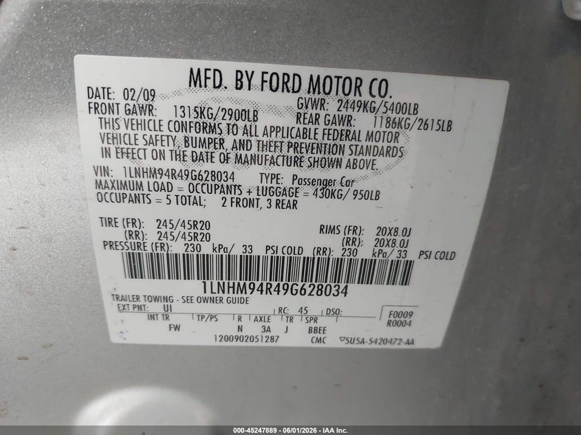 2009 Lincoln Mks VIN 1LNHM94R49G628034 IAAI salvage auction — FRONT END, Salvage (North Dakota), sold $225 on 2026-07-09 (photo 9)