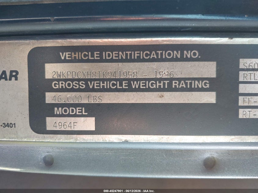 1996 Western star/auto car Conventional VIN 2WKPDCXH8TK941958 IAAI salvage auction — Unknown, Salvage (North Carolina), sold $13,600 on 2026-08-19 (photo 8)