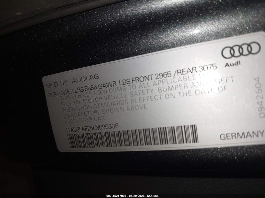 2020 Audi S7 VIN WAUSFAF25LN090336 IAAI salvage auction — FRONT END, Salvage Title, sold $16,000 on 2026-07-19 (photo 9)
