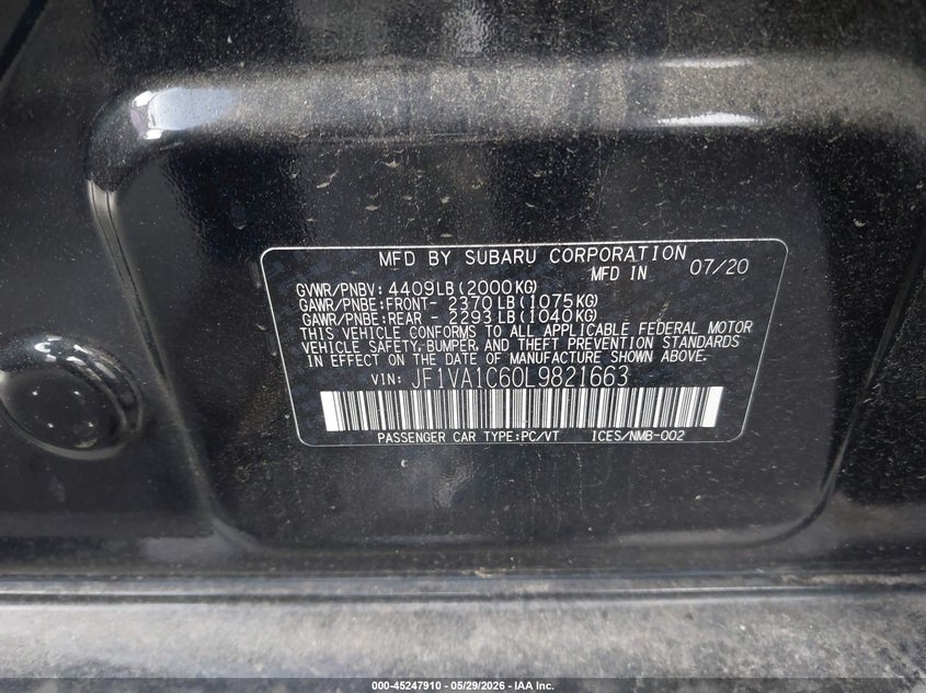 2020 Subaru Wrx VIN JF1VA1C60L9821663 IAAI salvage auction — THEFT, Salvage Title, sold $4,600 on 2026-07-18 (photo 9)