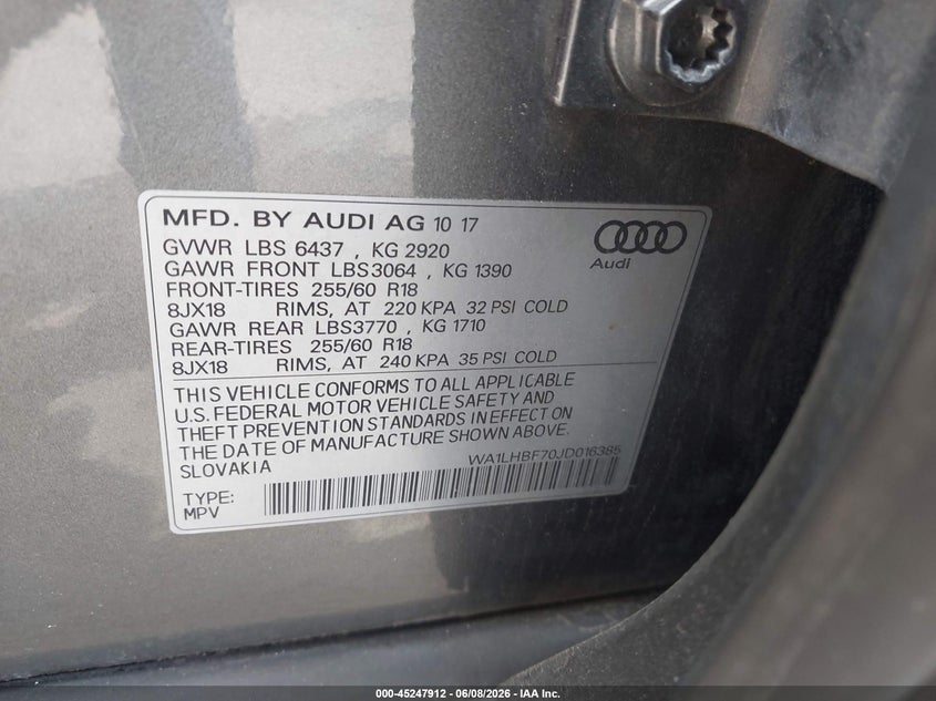 2018 Audi Q7 VIN WA1LHBF70JD016385 IAAI salvage auction — FRONT END, Salvage Title, sold $6,500 on 2026-07-15 (photo 9)