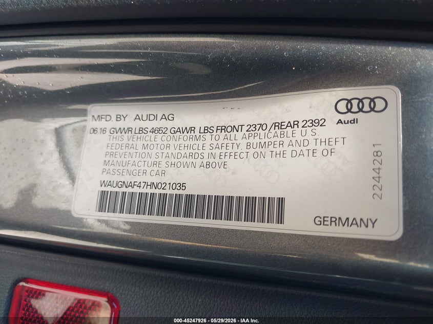 2017 Audi A4 VIN WAUGNAF47HN021035 IAAI salvage auction — REAR END, Salvage Title, sold $2,550 on 2026-07-14 (photo 9)