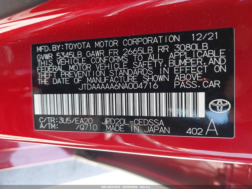 2022 Toyota Mirai VIN JTDAAAAA6NA004716 IAAI salvage auction — FRONT & REAR, Clear (Arizona), sold $475 on 2026-07-08 (photo 9)