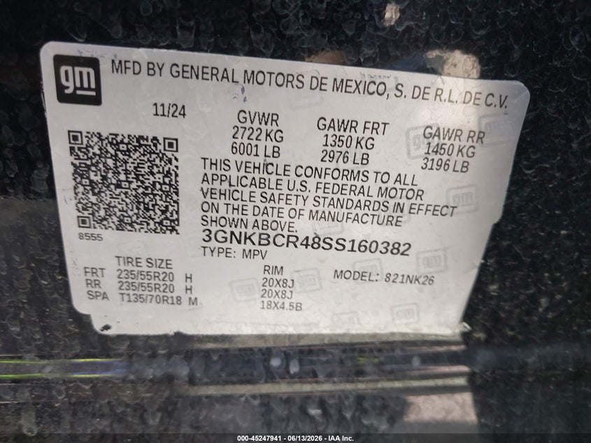 2025 Chevrolet Blazer VIN 3GNKBCR48SS160382 IAAI salvage auction — HAIL, Salvage Title, sold $14,250 on 2026-08-19 (photo 9)