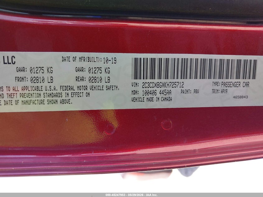 2019 Dodge Charger VIN 2C3CDXBGXKH725712 IAAI salvage auction — RIGHT SIDE, Salvage Title, sold $2,650 on 2026-07-29 (photo 9)