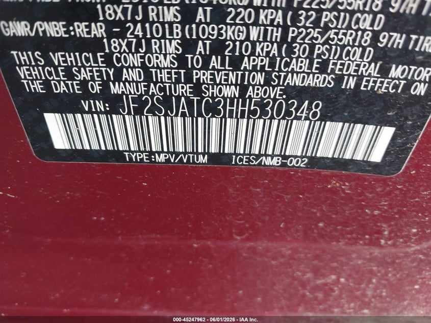 2017 Subaru Forester VIN JF2SJATC3HH530348 IAAI salvage auction — LEFT SIDE, Salvage Title, sold $525 on 2026-07-08 (photo 9)