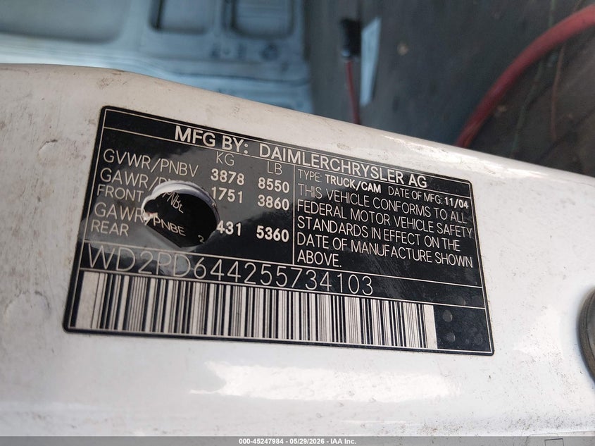 2005 Dodge Sprinter VIN WD2PD644255734103 IAAI salvage auction — UNKNOWN, Clear - Dealer Only (California), sold $350 on 2026-07-09 (photo 9)