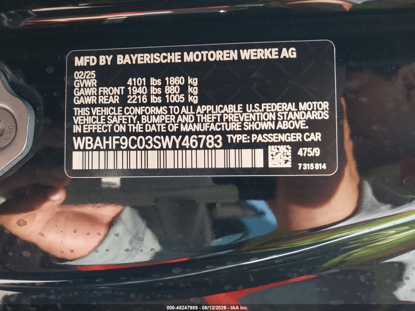 2025 BMW Z4 VIN WBAHF9C03SWY46783 IAAI salvage auction — FRONT END, Salvage Title, sold $18,600 on 2026-07-27 (photo 9)