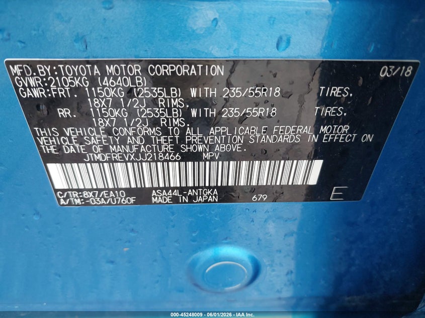 2018 Toyota Rav 4 VIN JTMDFREVXJJ218466 IAAI salvage auction — BIOHAZARD/CHEMICAL, Salvage (Montana), sold $9,900 on 2026-07-05 (photo 9)